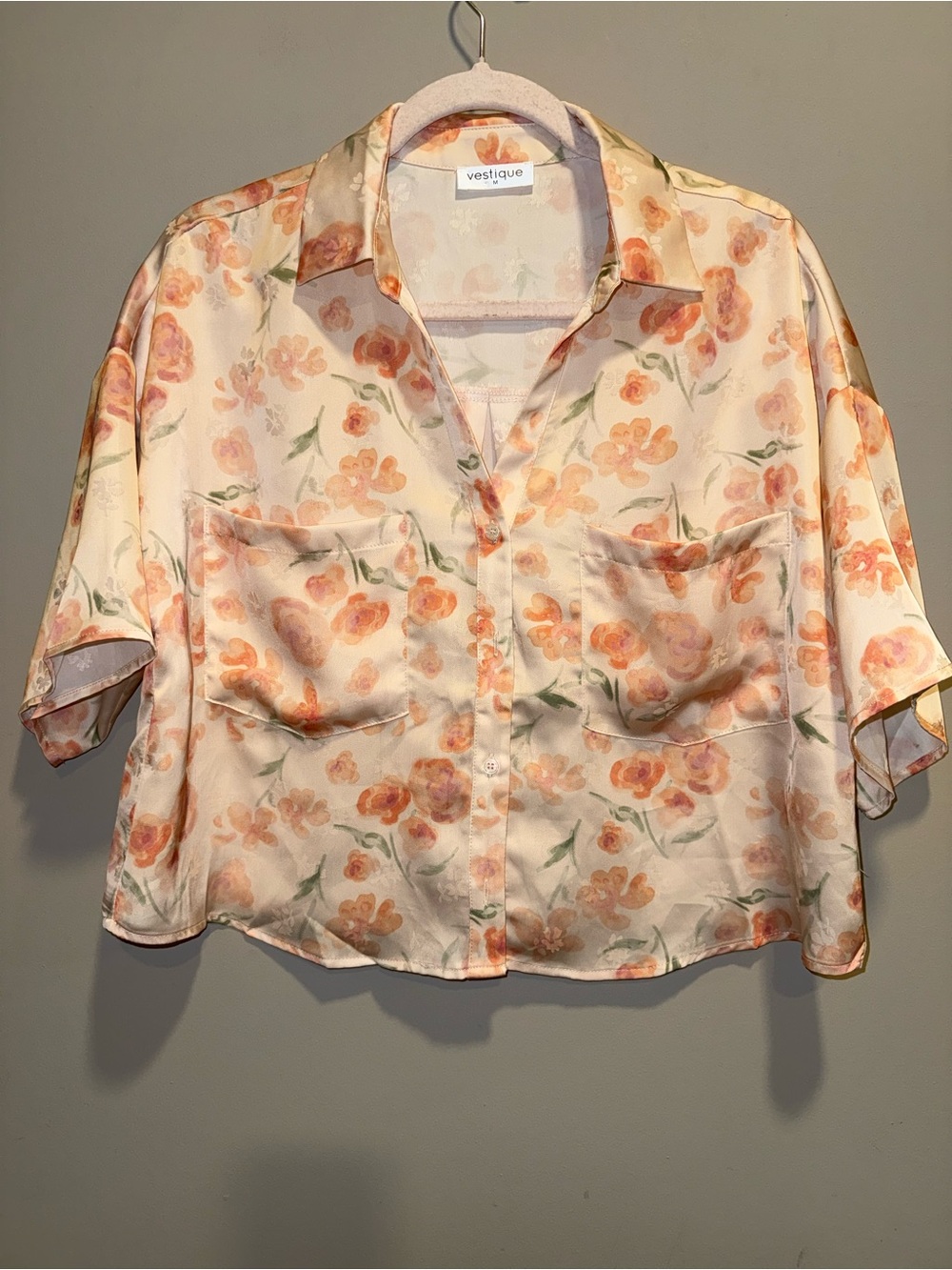 vestique Peach Floral Satin Button-Down Shirt